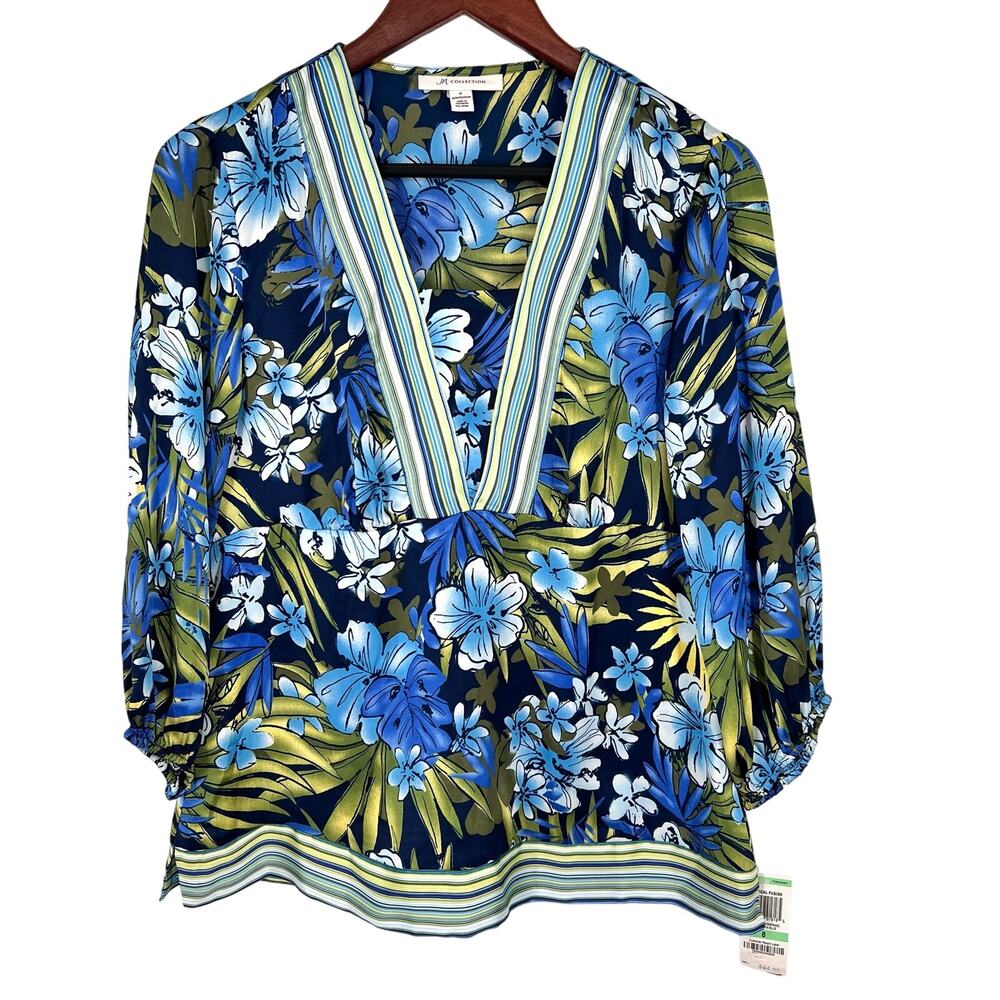 NEW NWT JM Collection Sz 8 Blue Tropical Beach Travel Hawaii Blouse Shirt Top